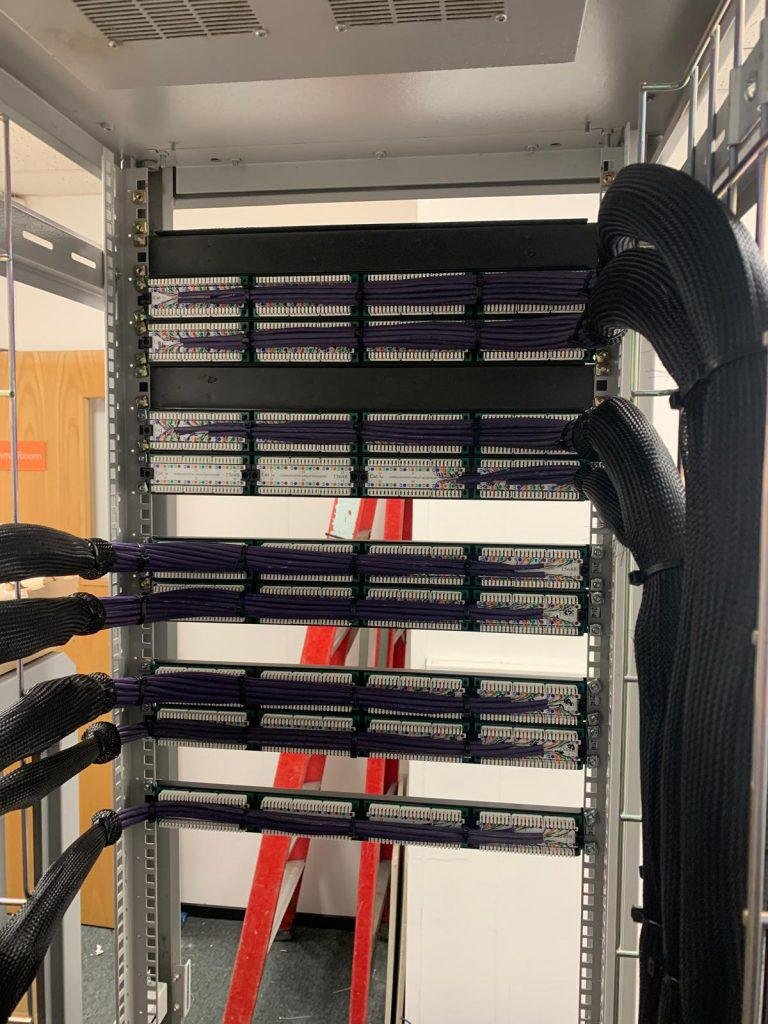 Rear of patch panels with terminated Cat6 punched down and dressed