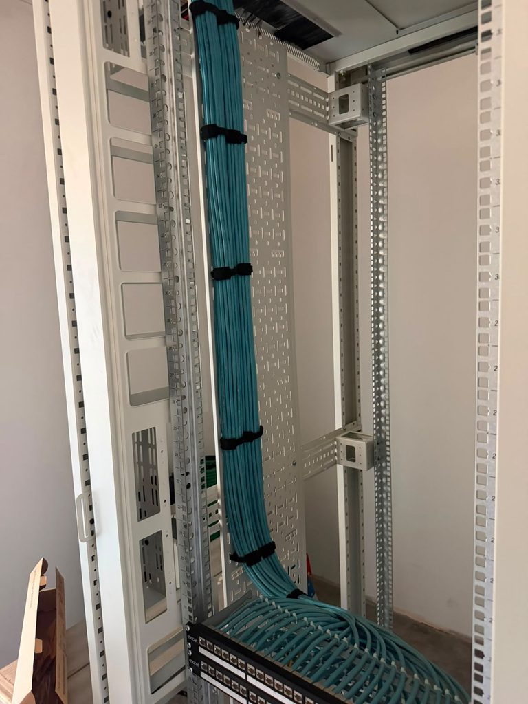 Cat6a loom dressed down the cabinet spine and coiled into the patch panels below