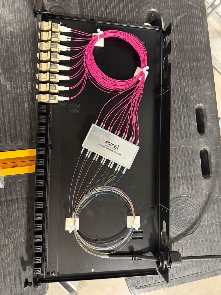 LC couplers loaded into a fibre patch panel with the pigtails dressed and tied down